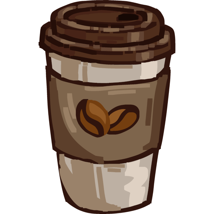 a white travel cup with dark brown lid and two coffee beans on a sleeve around it. 